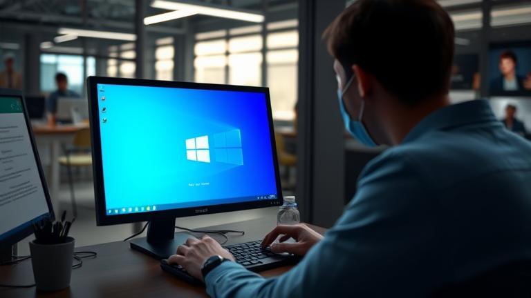 alt_text: Person at a Windows 10 PC, facing login prompt, in a modern office setting.
