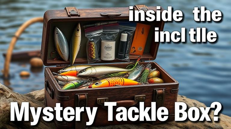 alt_text: Rugged tackle box open outdoors, revealing colorful lures and fishing gear with a scenic lake background.