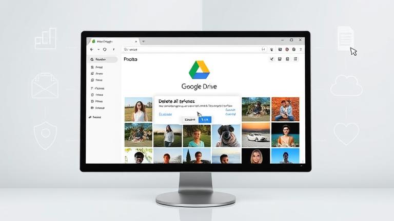 alt_text: Computer screen with Google Drive photo gallery, cursor hovering to delete images.