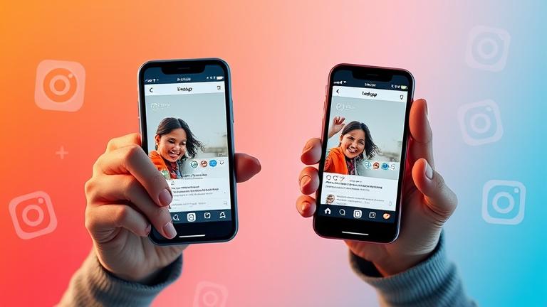 alt_text: Person holding two smartphones showing different Instagram profiles, vibrant modern background.