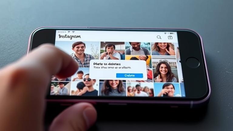 alt_text: Instagram feed on phone, deleting a photo with confirmation prompt in a sleek, modern interface.