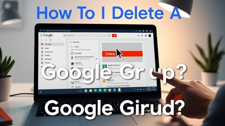 alt_text: Guide to deleting a Google Group with a laptop screen, highlighting the delete button.