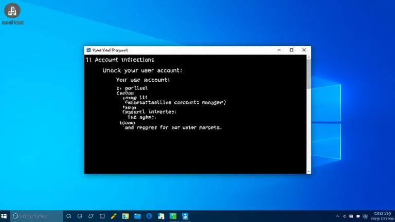 alt_text: Windows 10 desktop with Command Prompt for user account unlocking, technical support vibe.
