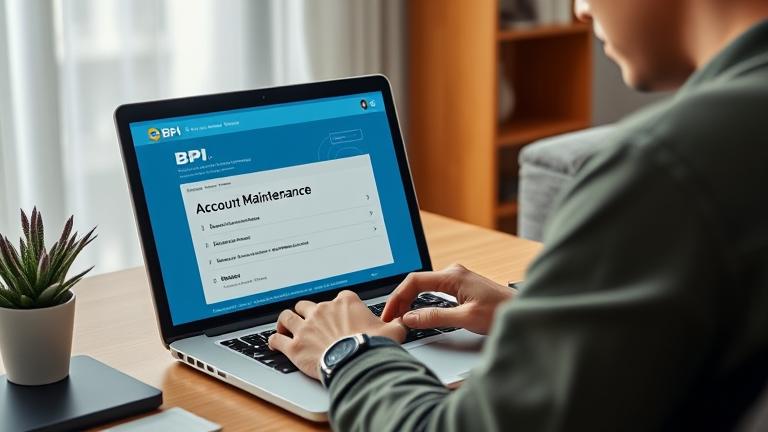 alt_text: Person at a workspace using BPI online banking on a laptop, highlighting Account Maintenance.
