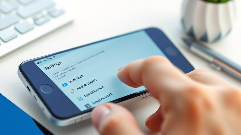 alt_text: Smartphone with settings menu, hand tapping, modern workspace, highlighting account management.