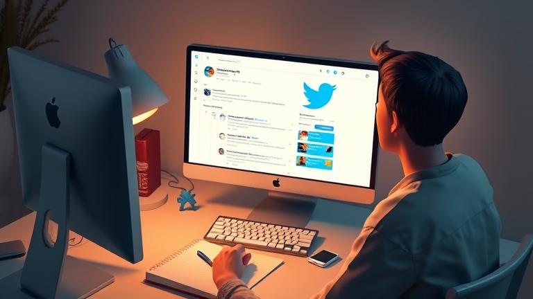 alt_text: Person at desk looks at old Twitter, nostalgic, with smartphone and notepad nearby.