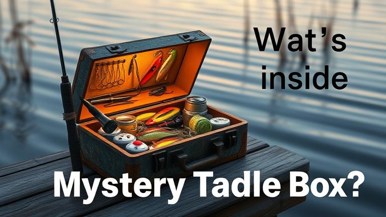 alt_text: Weathered tackle box glowing open on dock, revealing fishing gear at sunrise.