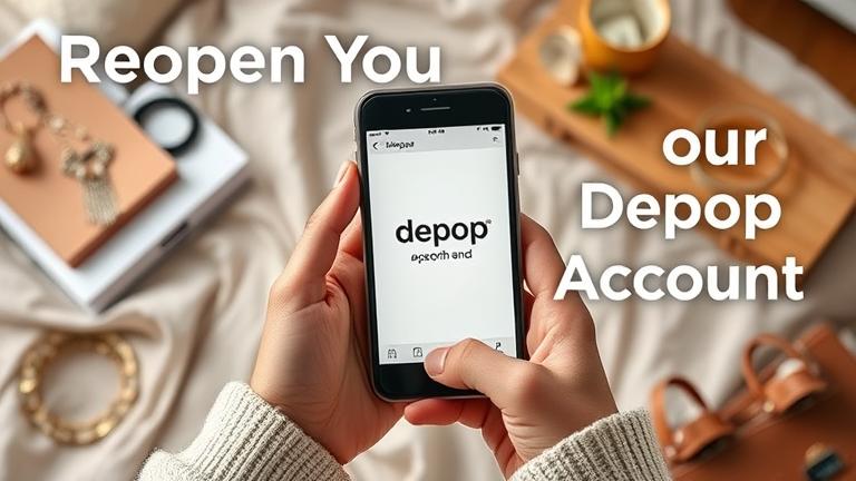 alt_text: Person with smartphone on Depop in cozy space, inviting you to reopen your account.