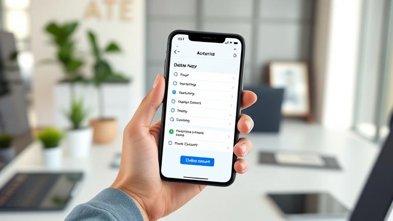 alt_text: Person manages digital wallet on phone in a modern workspace, highlighting account deletion.