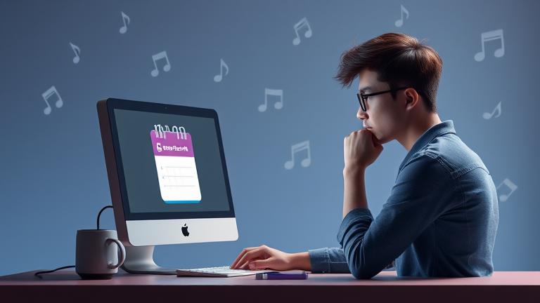A person at a computer with ReverbNation logo, looking thoughtful, amid music icons and notifications.