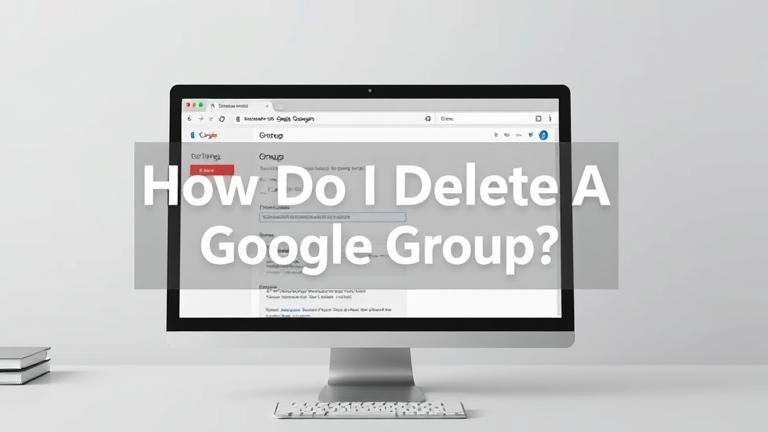 Laptop screen showing Google Group settings and delete option in a clean, modern style.