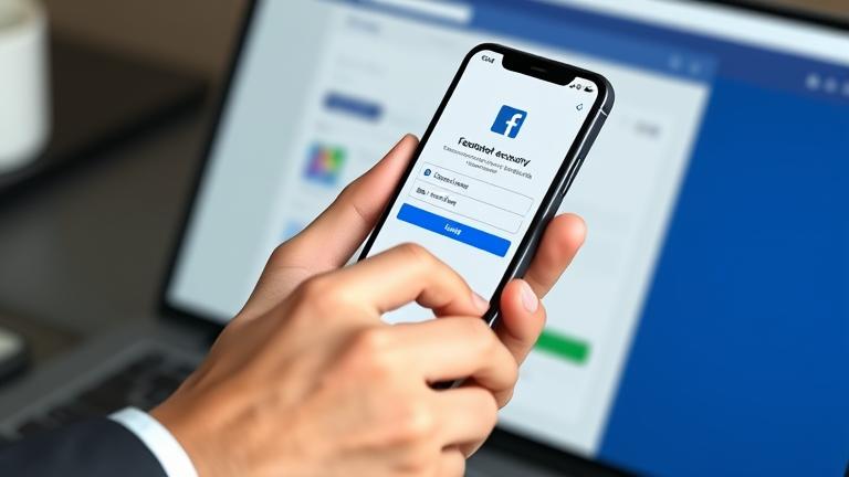 alt_text: Person holding phone with Facebook login, symbolizing account recovery and security.