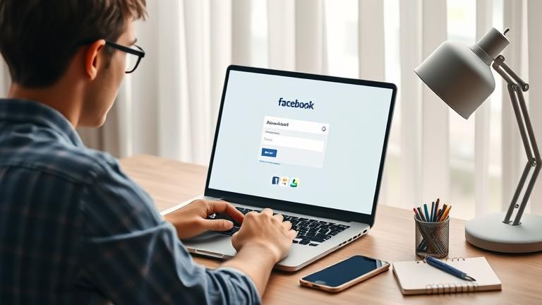 alt_text: Person at desk reviewing Facebook login, exploring account deletion options calmly.