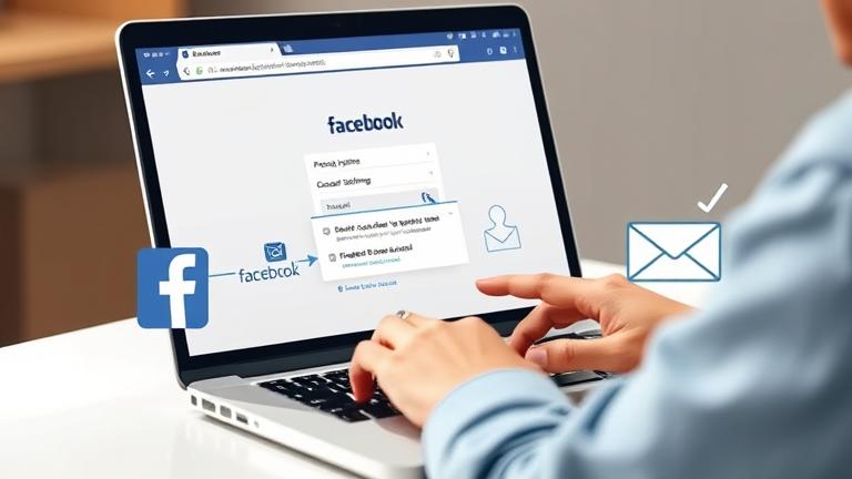 Person manages Facebook account, disconnecting email with settings and unlink icons.