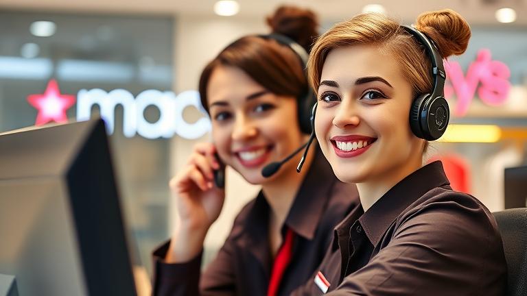 alt_text: Friendly Macy's rep with headset ready to assist, logo visible in a professional setting.