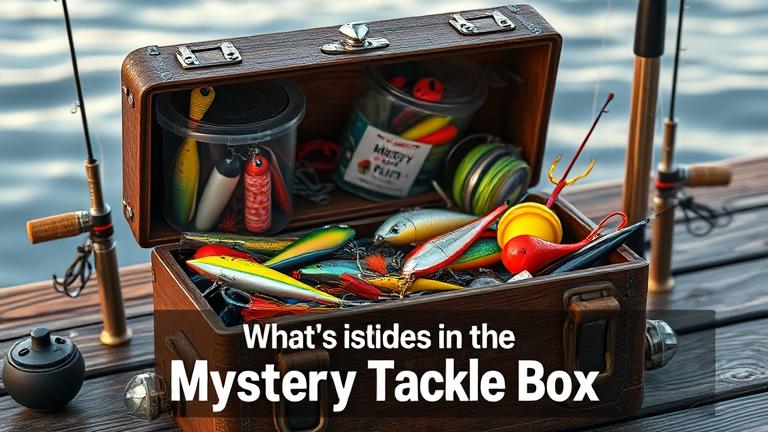 alt_text: Open weathered tackle box overflowing with lures, hooks, bait, and fishing gear by water.