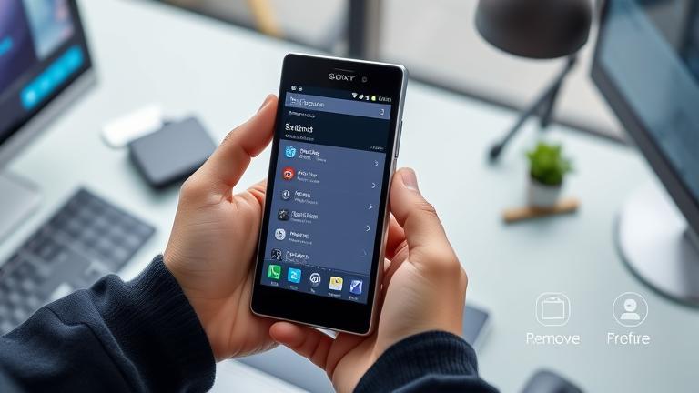 alt_text: Person holding Sony Xperia with settings menu, emphasizing device management and user profiles.