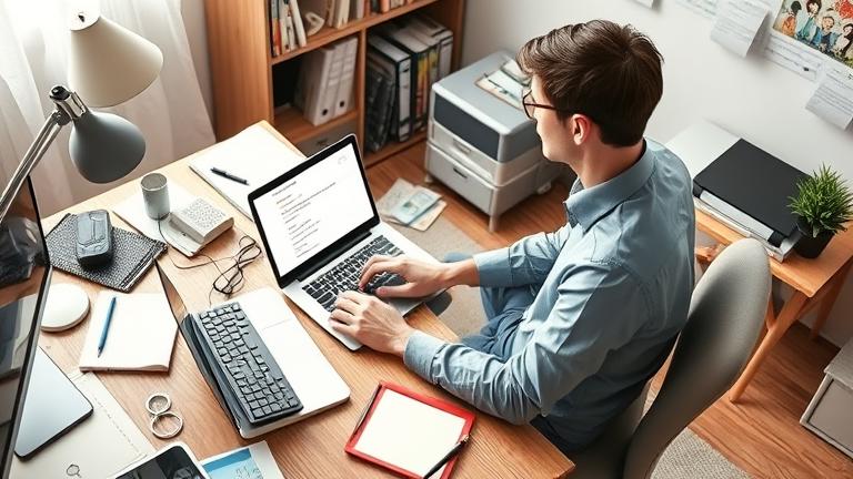 alt_text: Person at a cluttered desk managing email settings on laptop in a home office.