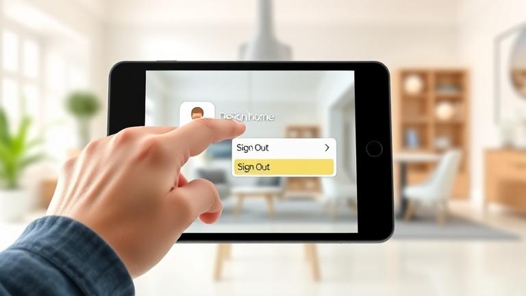 alt_text: Modern device screen showing "Design Home" app, with a finger about to sign out.