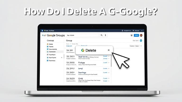 alt_text: Laptop screen shows Google Groups with a delete icon highlighted; cursor points at delete option.
