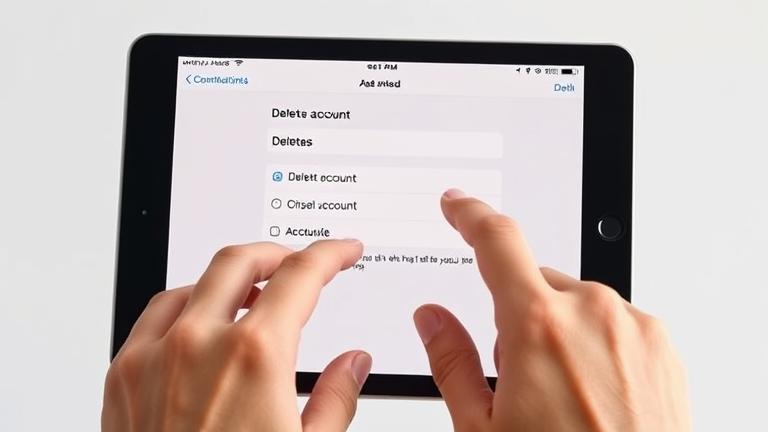 alt_text: Person navigating iPad Mini settings to delete an account, with a clean, minimalist background.
