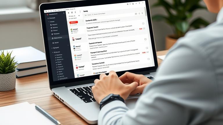alt_text: Person at desk selecting all Verizon emails for bulk delete on laptop screen.