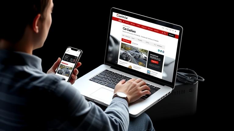 alt_text: Person managing a CarGurus listing on laptop with automotive icons and car silhouette.
