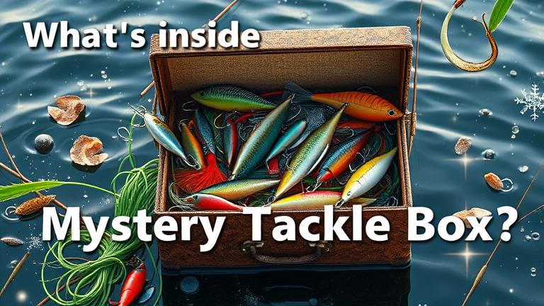 alt_text: Open tackle box with colorful lures, surrounded by water and reeds, inviting fishing adventure.