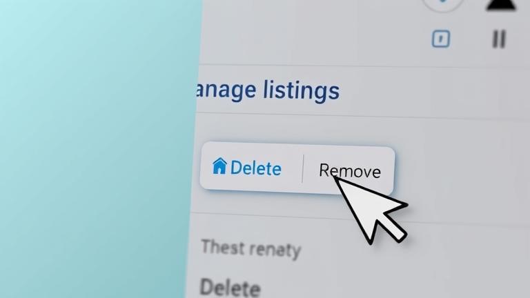 alt_text: Zillow-style interface showing "Manage Listings" with a delete button and cursor.