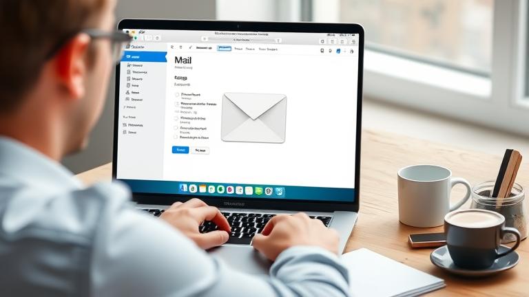 alt_text: Person using MacBook with Mail open in modern, bright workspace, professional and inviting.