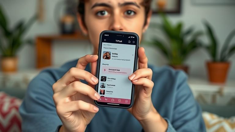 alt_text: Person with phone showing TikTok, dismissing content in a cozy, modern setting.
