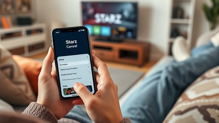 alt_text: Person on couch canceling Starz app on iPhone in cozy living room setting.