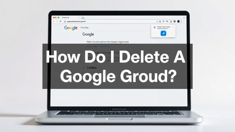 alt_text: Laptop screen showing Google Groups with delete button, warning popup, and clear title.