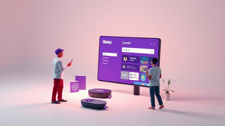 alt_text: Person cancels Roku account on device with menu and Roku logo in a clean, modern setting.
