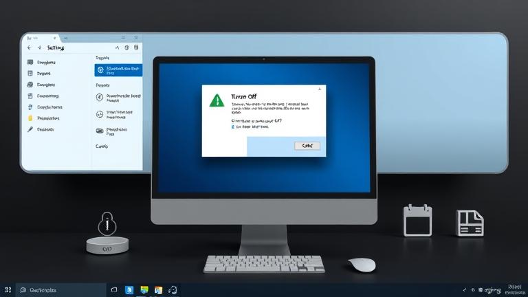 alt_text: Windows desktop with UAC disabled, toggle switch off, security icons, professional setting.
