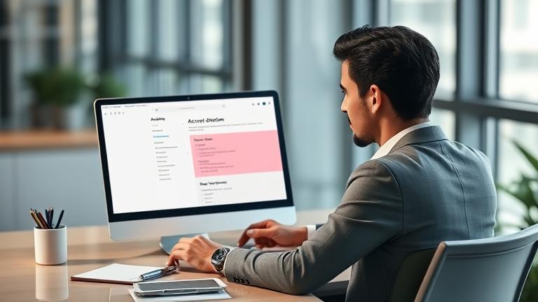 alt_text: Person at desk viewing IBM account settings, focusing on deletion option in a modern workspace.