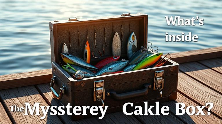 alt_text: Open tackle box on dock reveals colorful lures; serene lake backdrop sparks curiosity.