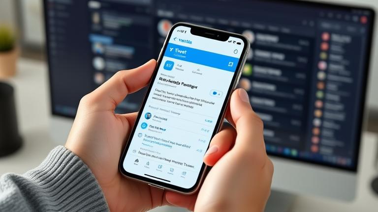 alt_text: Person holding phone with social media tweet deletion interface, with a subtle digital background.