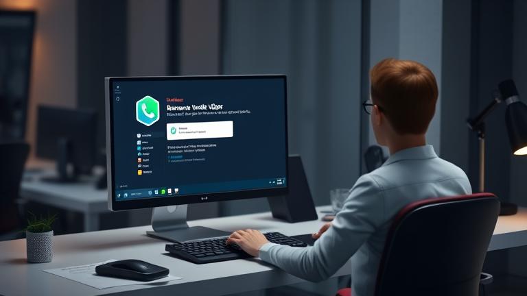 alt_text: Person uninstalling Viber on computer in modern workspace with tech elements.