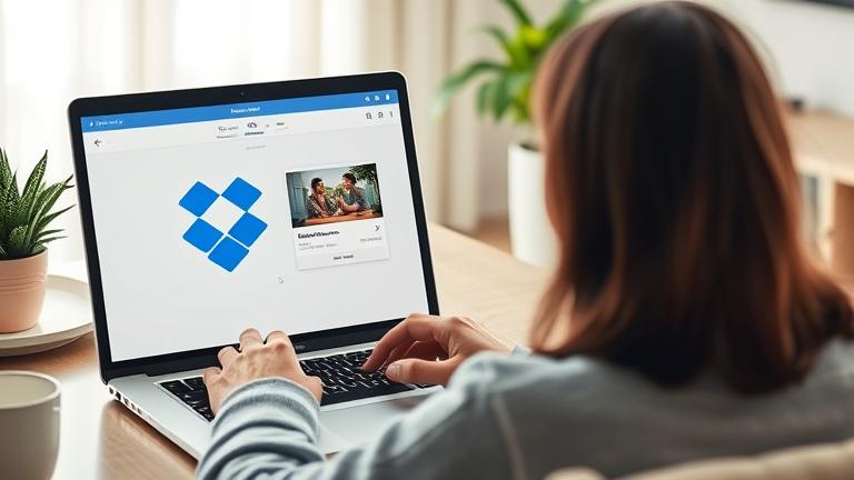 alt_text: Person deleting a photo in Dropbox on laptop, in a modern workspace setting.