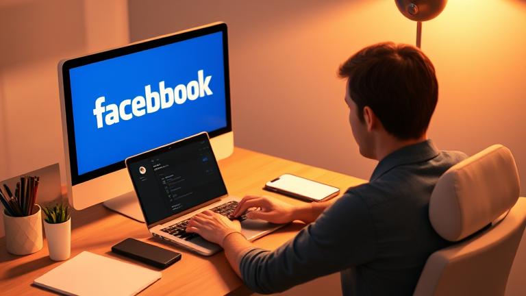 alt_text: Person at desk managing or deleting Facebook on laptop with logo and settings visible.