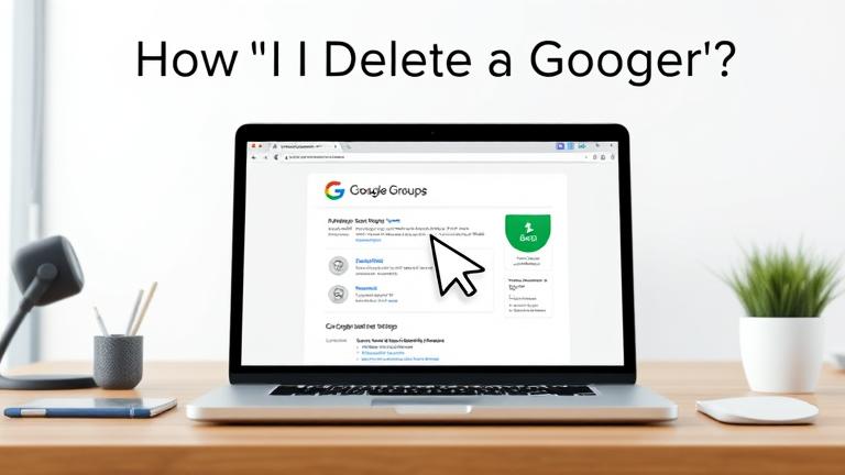 alt_text: Laptop screen shows Google Groups interface with cursor clicking "Delete Group" button.