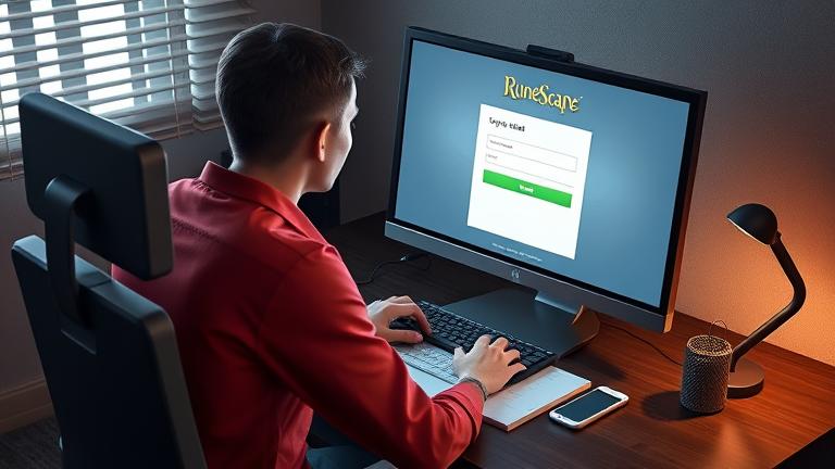 alt_text: Person at desk managing RuneScape account, highlighting security and email updates.