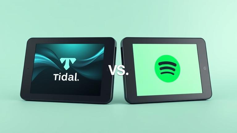Side-by-side streaming devices compare Tidal's high-fidelity and Spotify's green interface.