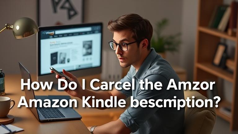 alt_text: Person at a cozy desk, puzzled over Kindle subscription on laptop, with phone in hand.