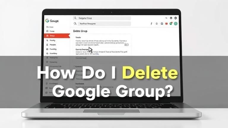 alt_text: Laptop screen showing Google Groups with "Delete" option highlighted and warning icons.