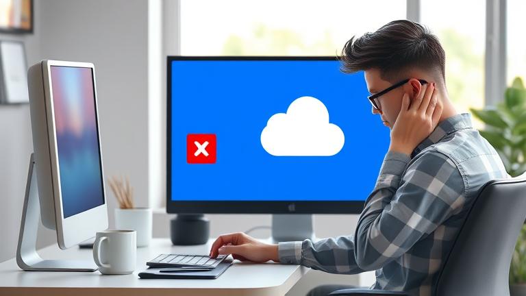 alt_text: Person frustrated at desk with OneDrive error, coffee, laptop, and cloud motifs.