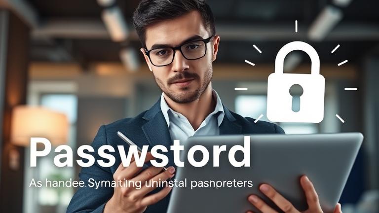 alt_text: Person with laptop featuring security icons, emphasizing cybersecurity and password management.