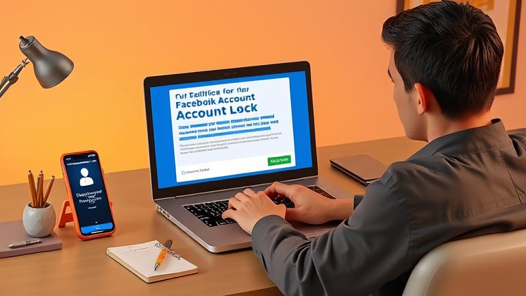alt_text: Concerned person at desk with laptop, smartphone, and notepad, facing a Facebook account lock.