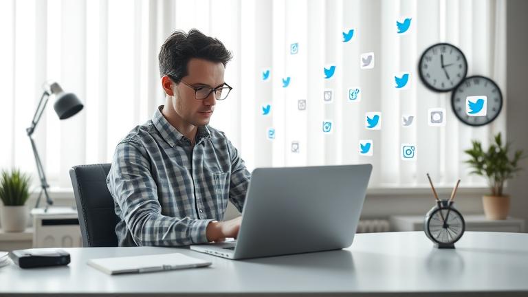 alt_text: Person at desk, laptop screen with social media icons fading, evoking reflection and withdrawal.